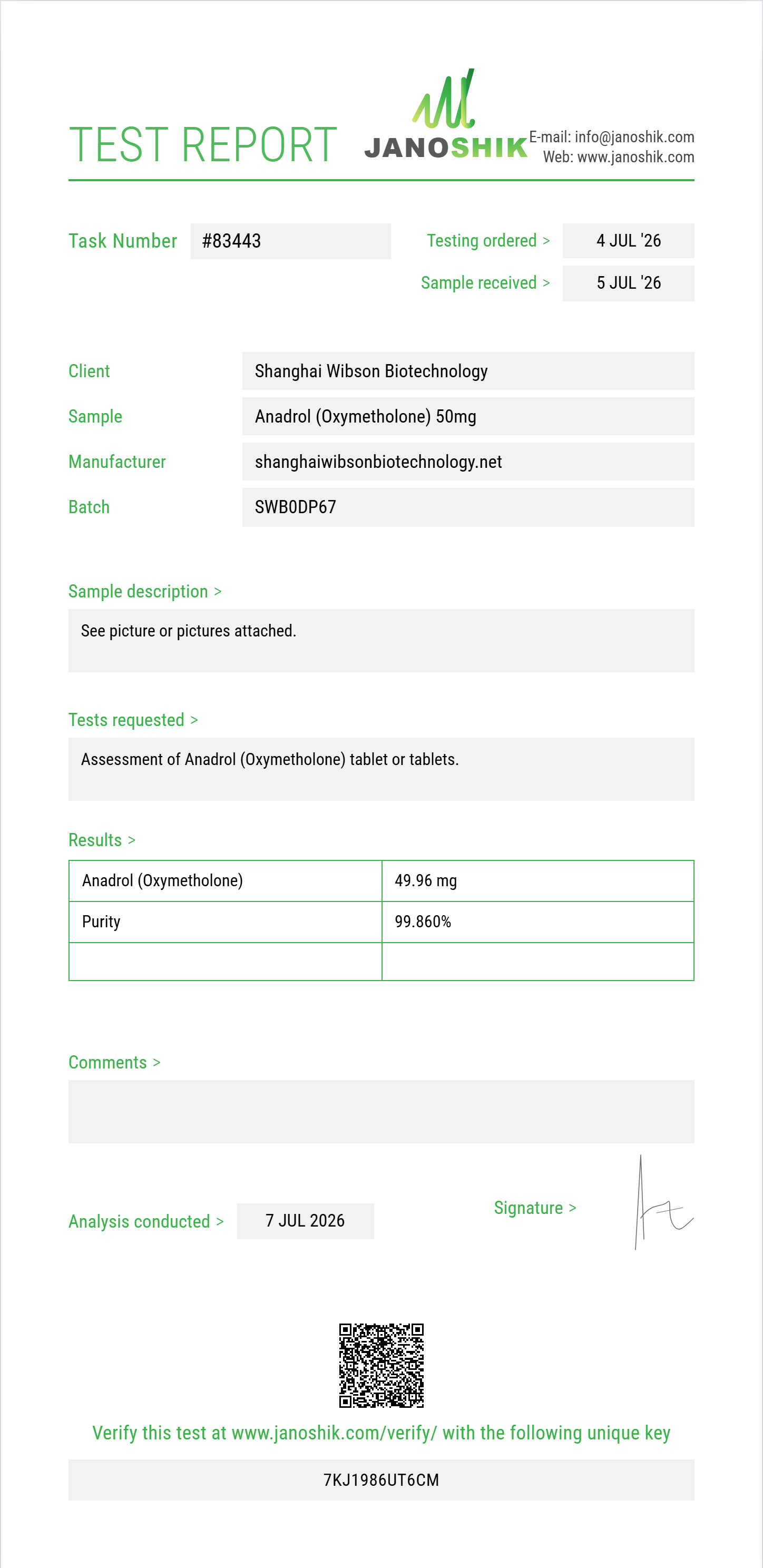 Anadrol (Oxymetholone) Purity (HPLC) report by Janoshik Analytical