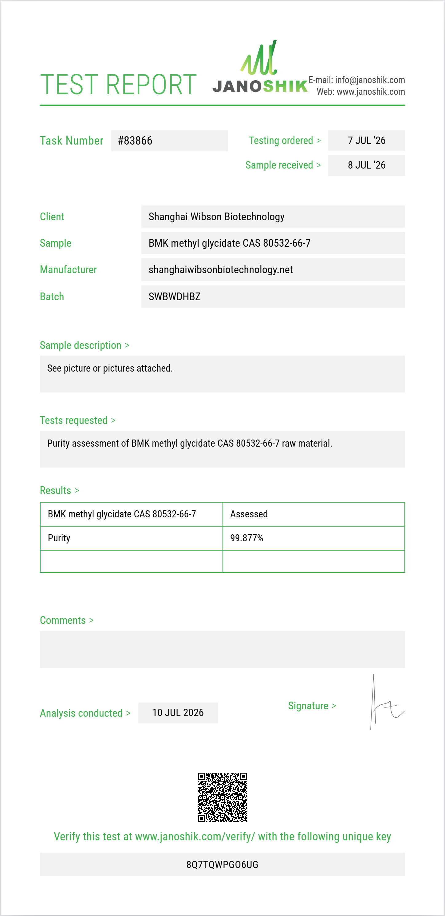 BMK methyl glycidate CAS 80532-66-7 Purity (HPLC) report by Janoshik Analytical