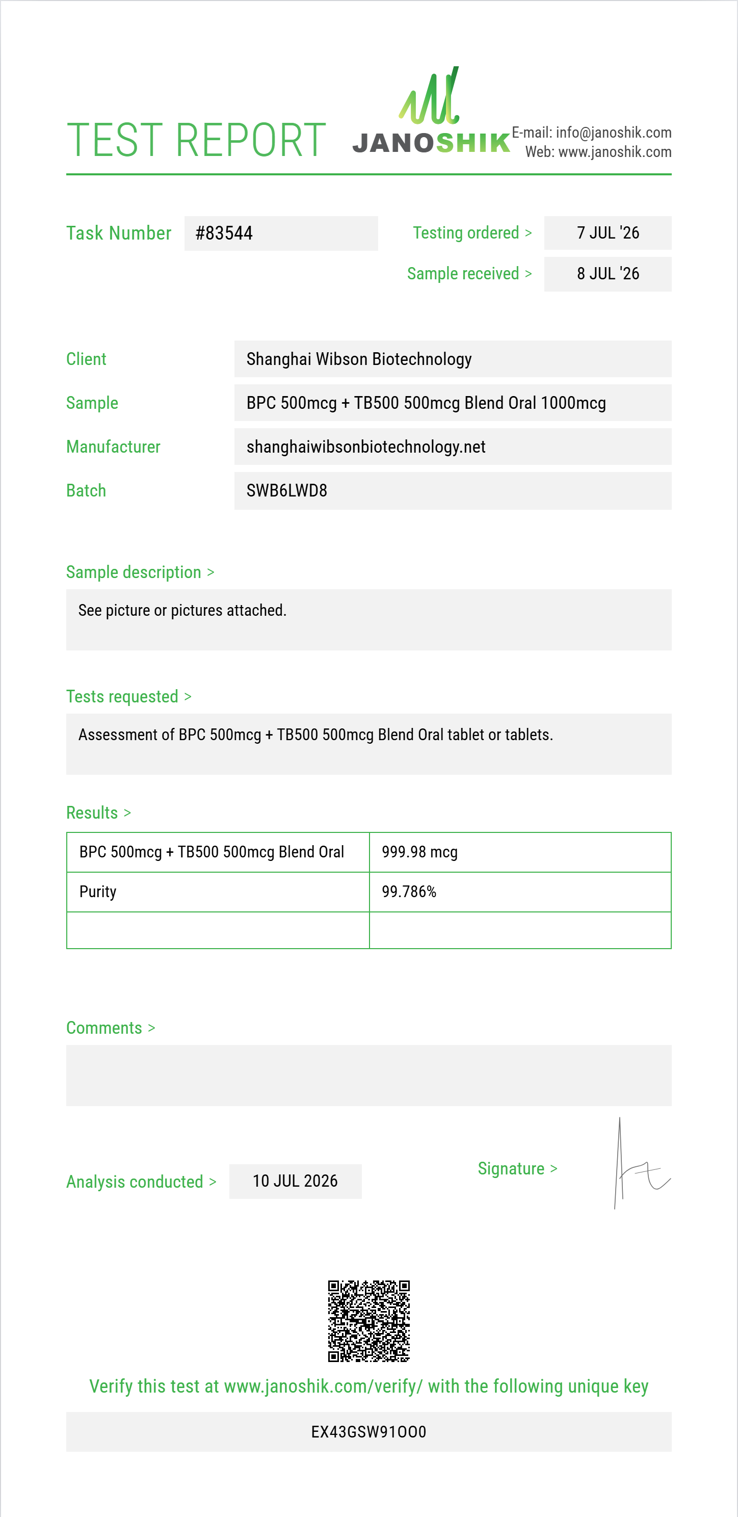 BPC 500mcg + TB500 500mcg Blend Oral Purity (HPLC) report by Janoshik Analytical
