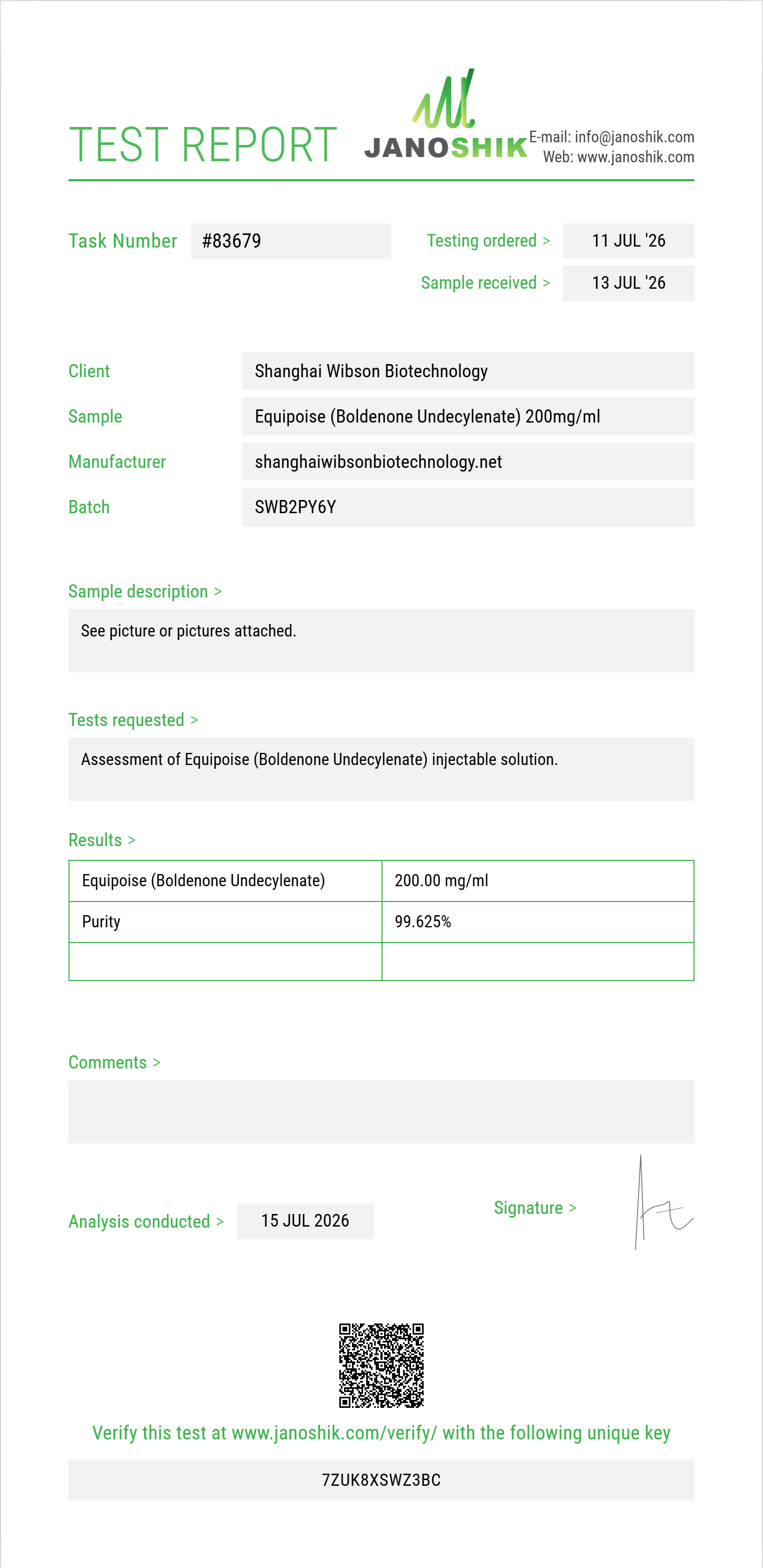 Equipoise (Boldenone Undecylenate) Purity (HPLC) report by Janoshik Analytical