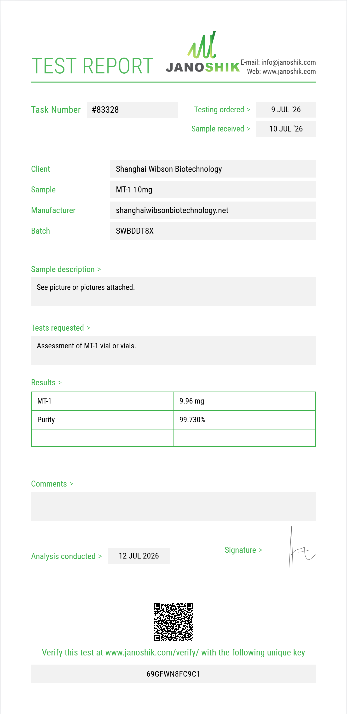 MT-1 Purity (HPLC) report by Janoshik Analytical