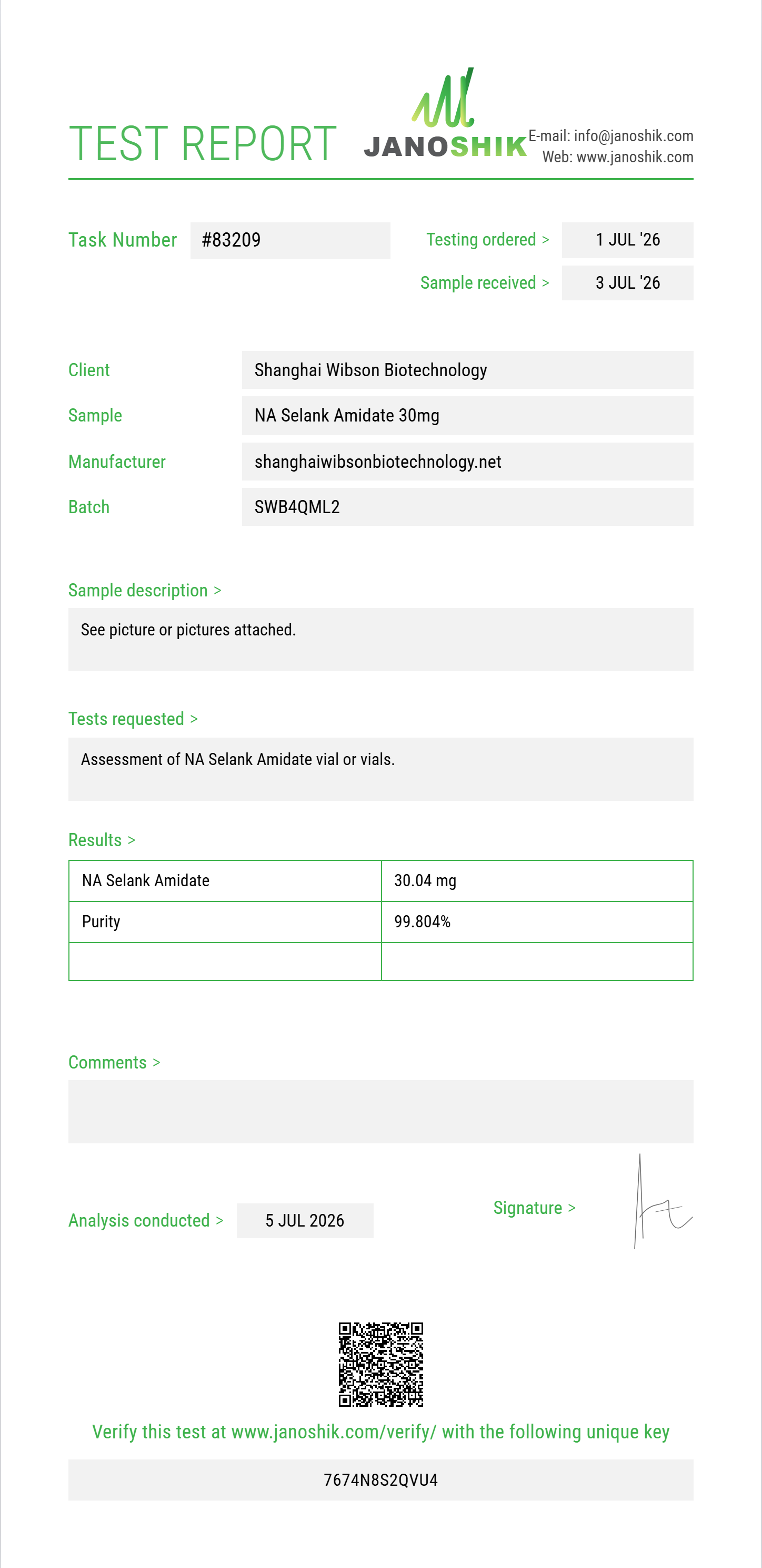 NA Selank Amidate Purity (HPLC) report by Janoshik Analytical