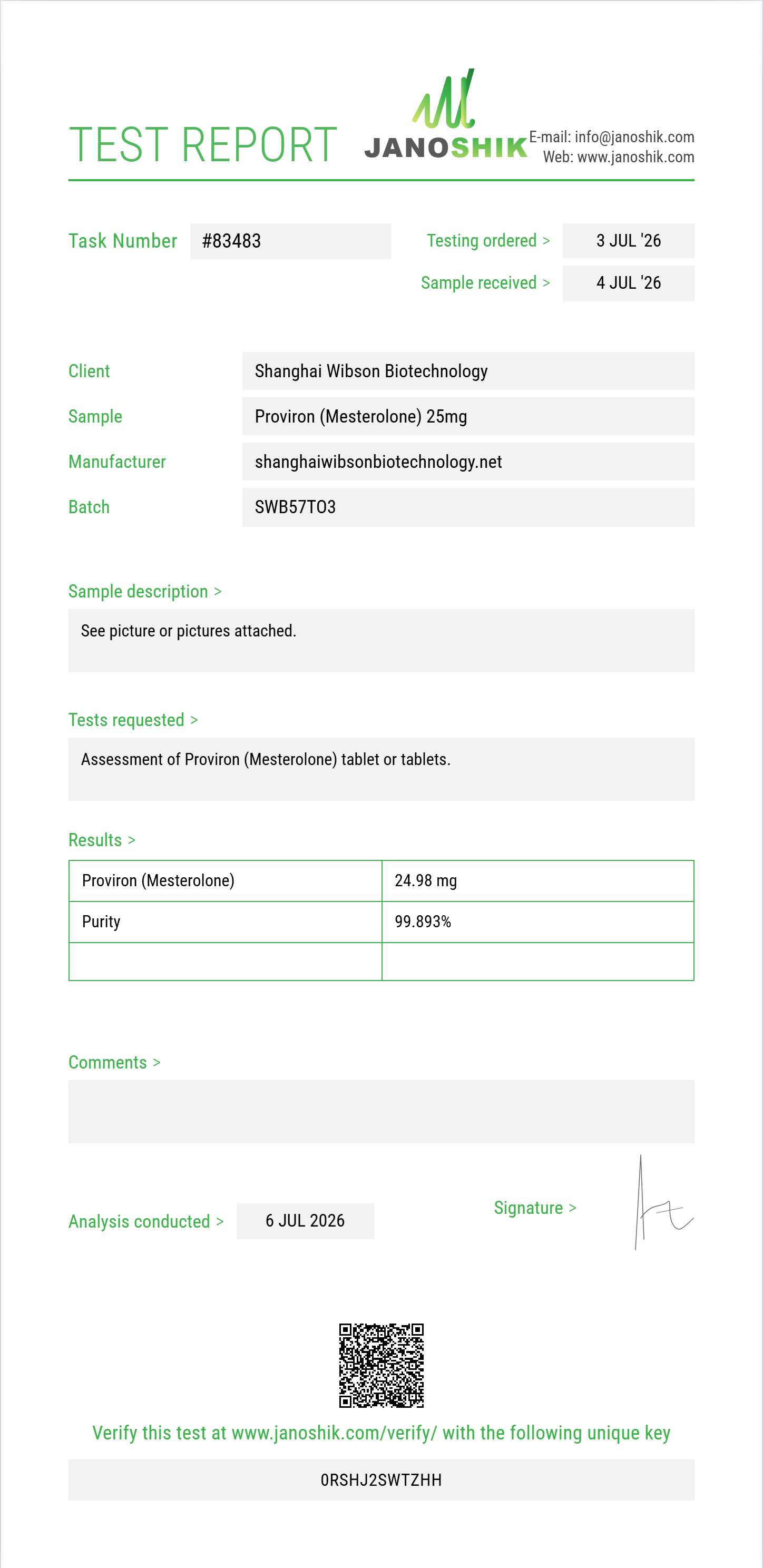 Proviron (Mesterolone) Purity (HPLC) report by Janoshik Analytical