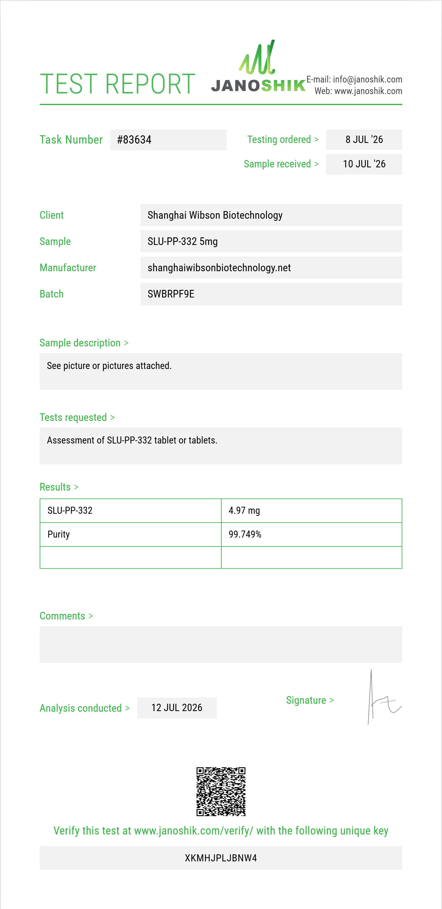 SLU-PP-332 Injectable Purity Test Report by Janoshik