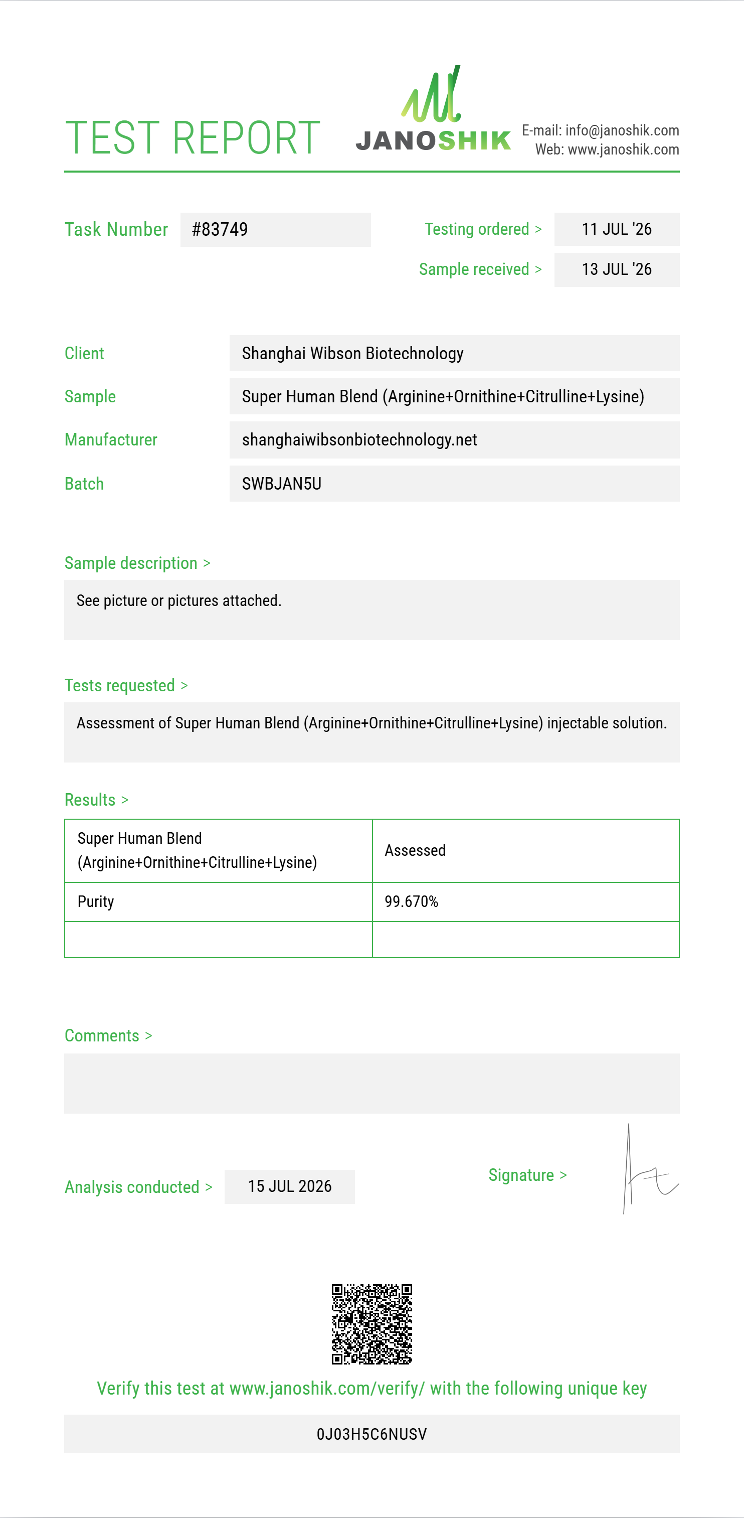 Super Human Blend (Arginine+Ornithine+Citrulline+Lysine+Glutamine+Proline+Taurine+Carnitine+NAC) Purity (HPLC) report by Janoshik Analytical